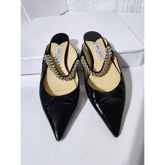 Authentic Jimmy Choo Patent Leather Flat Mules With Crystal Strap Black Size 39 - Picture 5 of 15